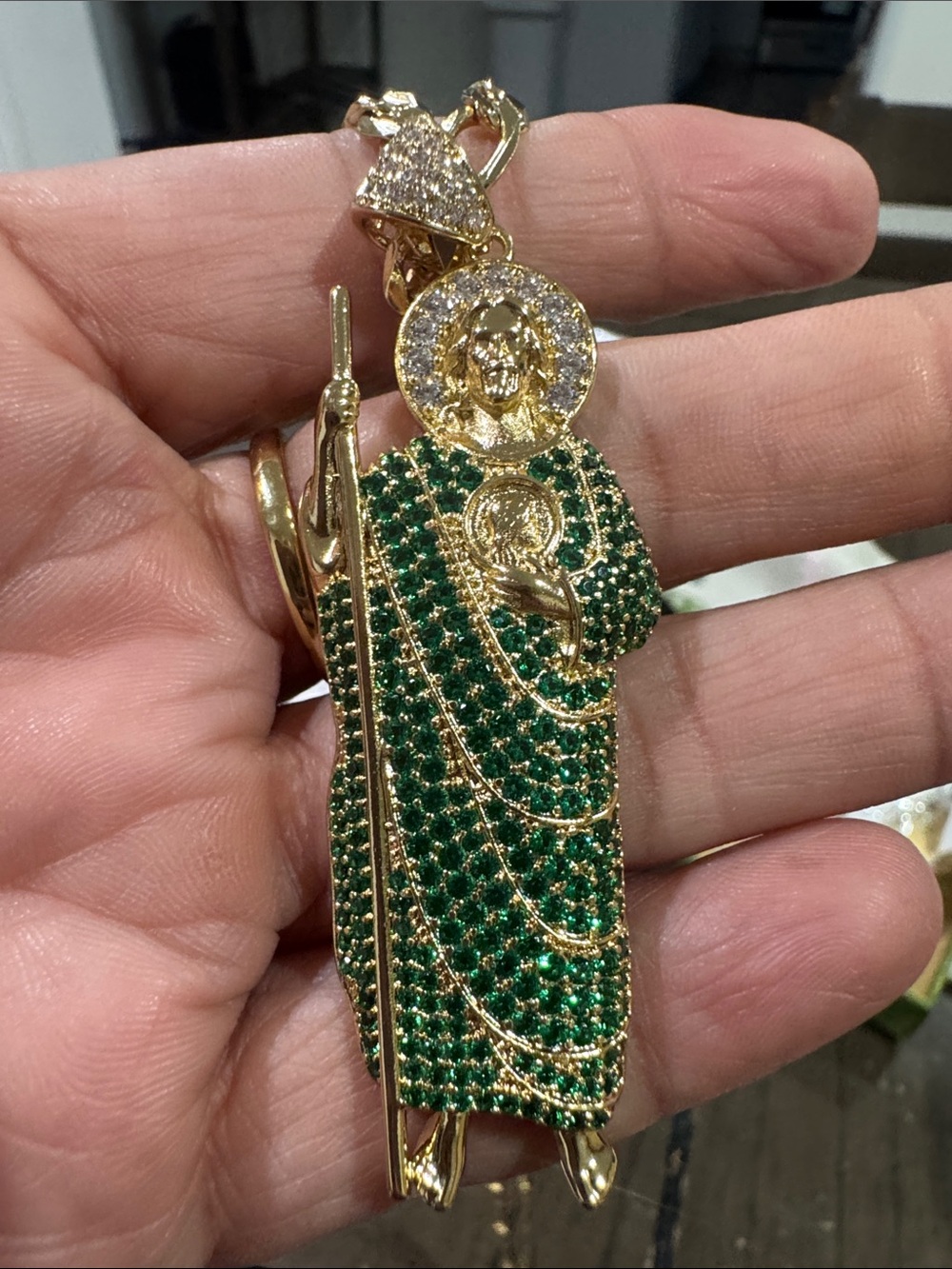 Gold-Tone Saint Pendant with Green Crystal Pavé
